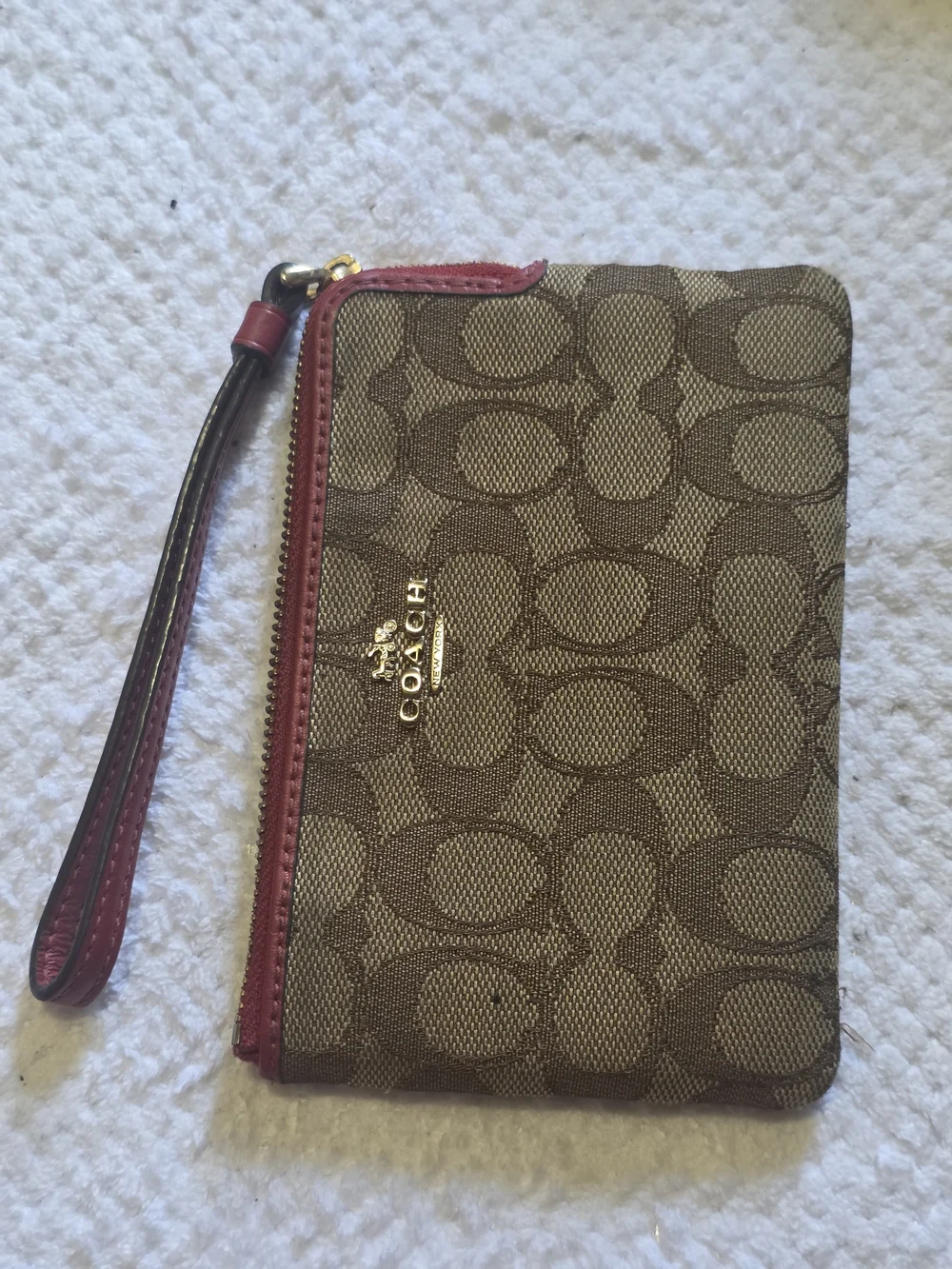Coach Brown Signature Canvas Wristlet with Red Trim
